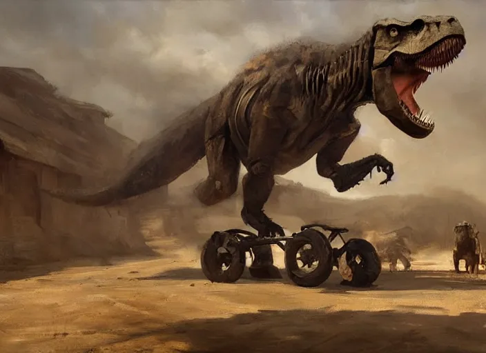 Image similar to oil painting of tyrannosaurus rex with diaper in wheelchair, in dusty wild west street, art by anders zorn, wonderful masterpiece by greg rutkowski, beautiful cinematic light, american romanticism by greg manchess, jessica rossier