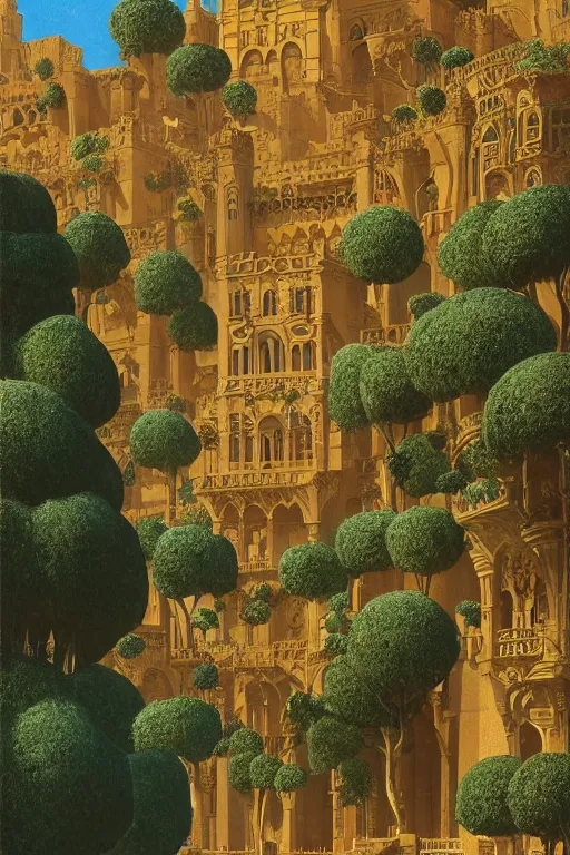 Image similar to ancient carved tower of the moon in its gardens fairytale illustration, elaborate latticed balconies, tall windows, moorish architecture, formal gardens, dramatic cinematic lighting, soft colors, golden age illustrator, unreal engine, by Ludwig Deutsch and Andreas Rocha and (Maxfield Parrish and Nicholas Roerich)