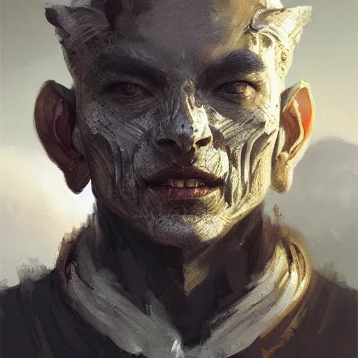 Image similar to portrait painting of an male humanoid with grey skin and sharp dogtooth, beautiful, dark fantasy, medieval, painted, intricate, volumetric lighting, rich deep colours masterpiece, golden hour, sharp focus, ultra detailed, by ruan jia