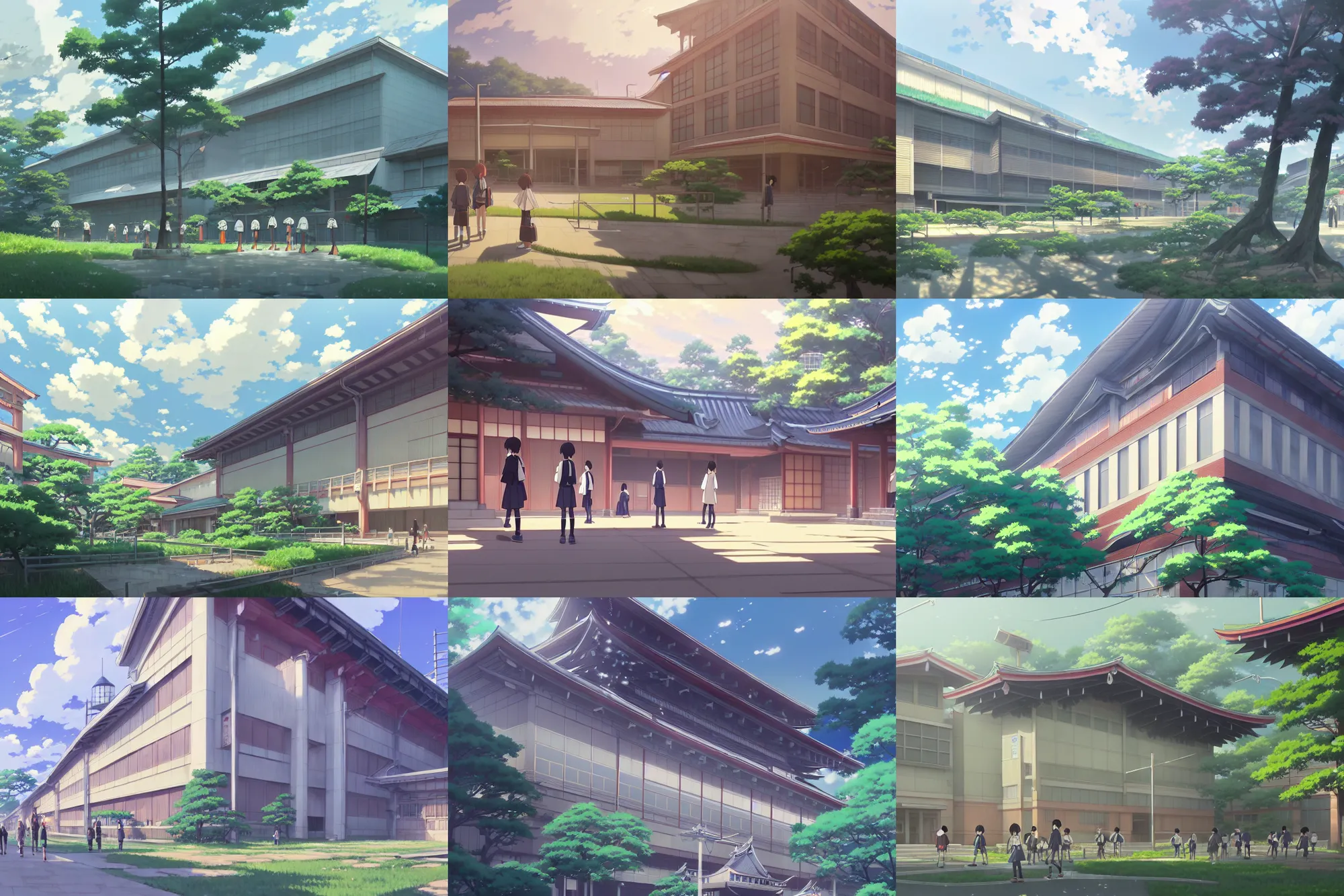 Prompt: a japanese high school building, key visual, a digital painting by makoto shinkai and james gurney, trending on artstation, highly detailed