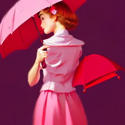 Image similar to a portrait of a girl holding a pink pinky red umbrella, confident pose, pinky red colors, genshin impact, intricate, illustration, highly detailed, concept art, matte, trending on artstation, by greg rutkowski, gil elvgren, earl moran, sharp focus, anime art, pinky red color scheme, art station, by ilya kuvshinov h 6 4 0