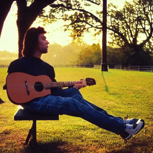 Image similar to 1 9 9 0 s candid 3 5 mm photo of a man sitting on a bench in a park playing guitar, cinematic lighting, cinematic look, golden hour, the clouds are epic and colorful with cinematic rays of light, photographed by petra collins, uhd