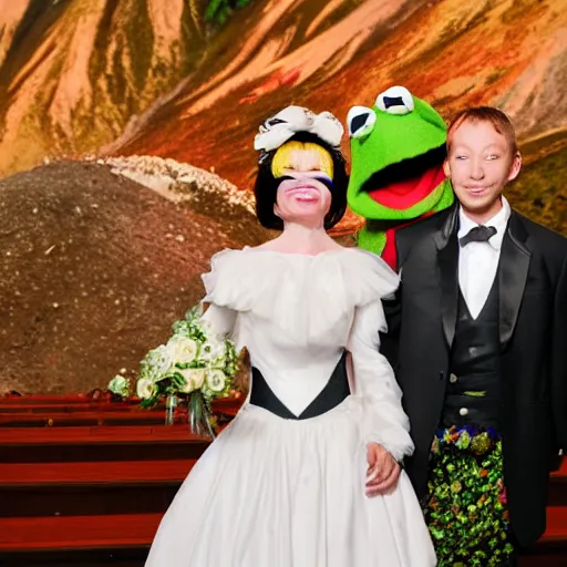 Image similar to bjork marrying kermit the frog, at a volcano, professional wedding photography, 8 k photo