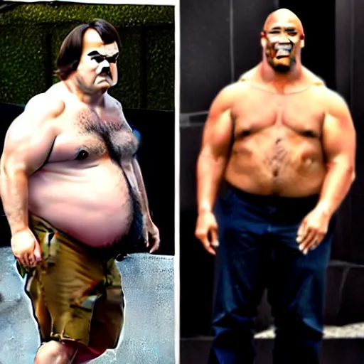 Image similar to one person. jack black and the rock as a single portly buff man