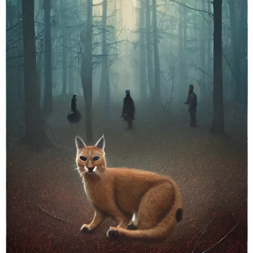 Image similar to Ryan Gosling holding a cute caracal, in style of stranger things poster, by Aron Wiesenfeld and beksincki, cinematic, detailed illustration, nature, fog, dark colors, suspense, intricate, 8k