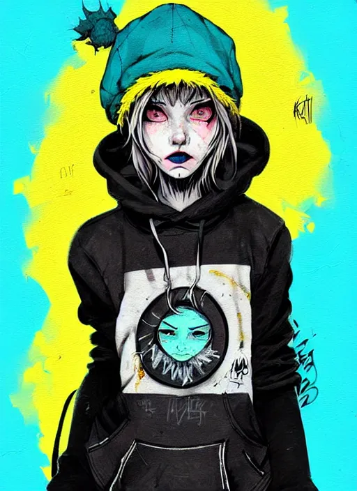 Image similar to highly detailed portrait of a sewer punk lady student, blue eyes, tartan hoody, hat, white hair by atey ghailan, by greg tocchini, by kaethe butcher, gradient yellow, black, brown and cyan color scheme, grunge aesthetic!!! ( ( graffiti tag wall flat colour background ) )