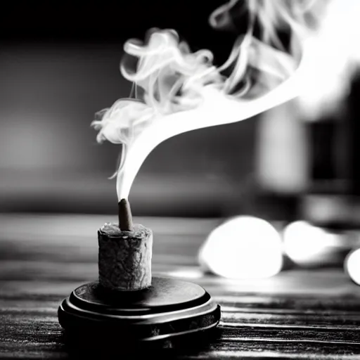 Image similar to cigar on a table, smoke slowly wafting up from the tip, black and white ultra hd