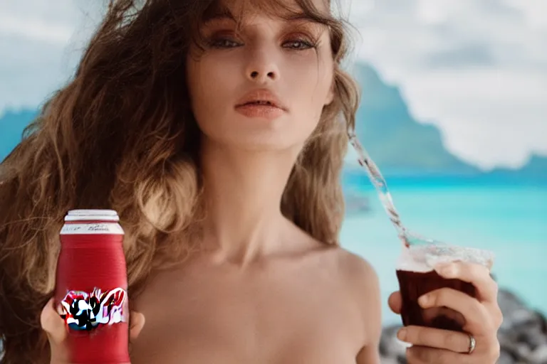 Image similar to beautiful fit model woman drinking a Coca-Cola in bora bora, natural light, by Alessio albi