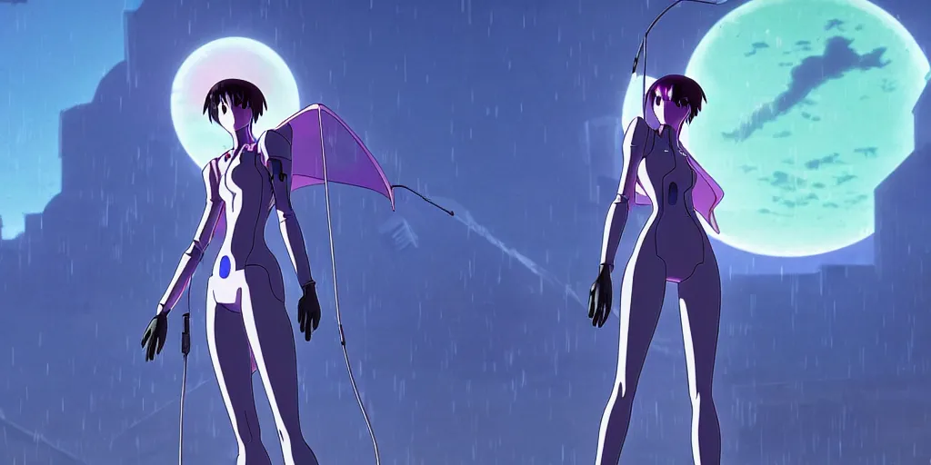 Image similar to twilight lighting, moody, atmospheric, solarpunk, eva - 0 1 from evangelion on a hill, rainy, in the art style of neon genesis : evangelion, by ghibli studio and victor ngai, ghost in the shell art style, akira artstyle, pixar highly detailed, 8 k h 5 7 6