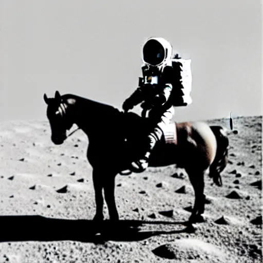 Prompt: old photo of an astronaut on his suited horse, photo taken on the moon