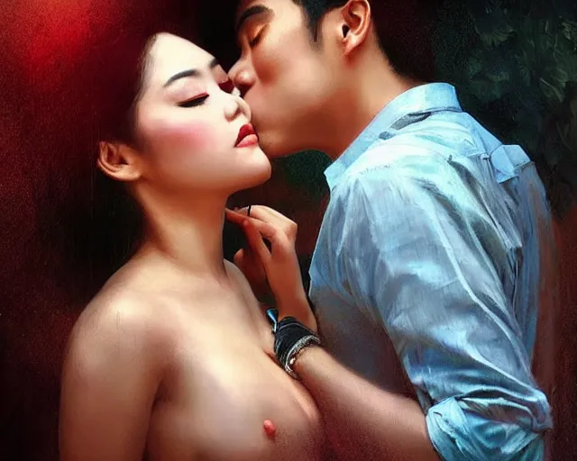 Image similar to photography of south east asian couples kissing each other, deep focus, d & d, volumetric light, colourful, sharp, detailed, digital painting by rolf armstrong, jeremy lipkin and michael garmash, rob rey and kentaro miura style, pinterest behance top picks