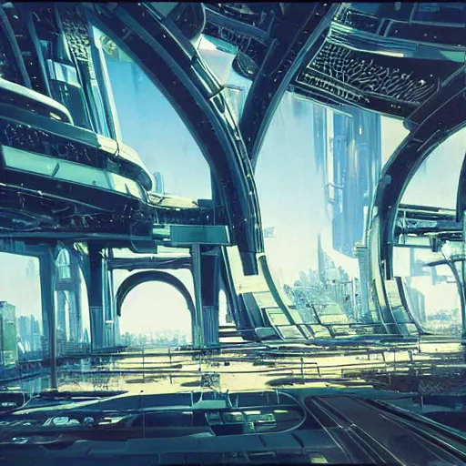 Image similar to overgrown futuristic cityscape located under a bridgeway, world seen only through a portal, daylight, cinematic perspective, cinematic lighting, blue sky, syd mead, john harris, symmetrical