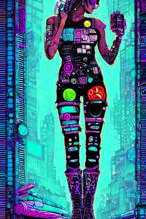 Image similar to dreamy cyberpunk girl with punky boots, abstract background, digital nodes, beautiful woman, detailed acrylic, grunge, intricate complexity, by dan mumford and by damien hirst