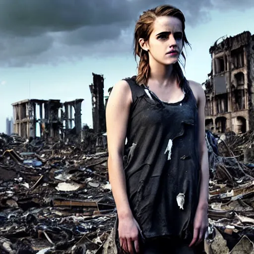 Prompt: concerned and tired emma watson in shredded dirty clothes rags, in the ruins of civilization after the apocalypse, looming city ruins backdrop, hd photo, high detail