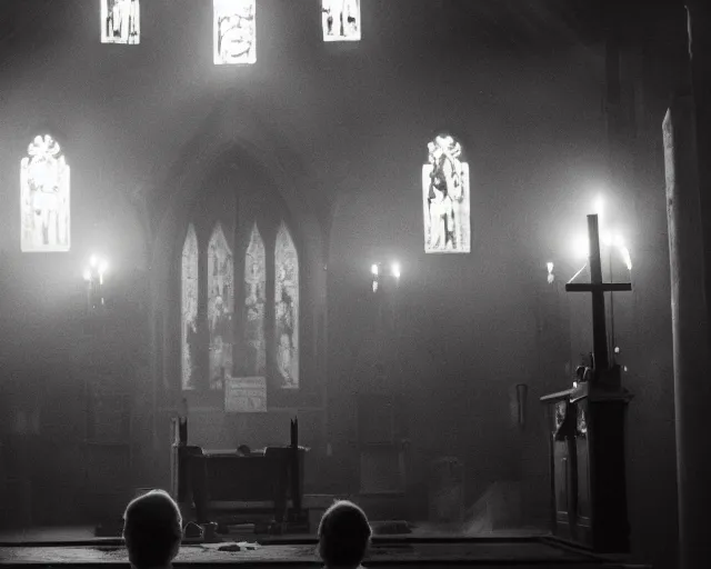 Image similar to a cultist ceremony, cultists with robes and masks, church interior, satanic church interior, the fog. horror lighting, found footage