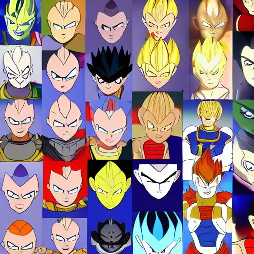Image similar to vegeta in several different cartoon styles