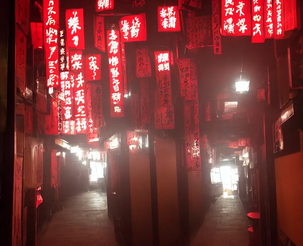 Image similar to spooky photo of a dark infinite hallway of a japanese izakaya with open lit doorways all the way down, dramatic lighting, smoke, ceiling fluorescent lighting, black and red colour palette