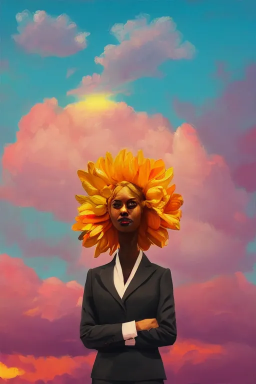 Prompt: closeup, a giant flower as a head, a black woman in a suit, surreal photography, golden hour, colorful clouds, impressionist painting, digital painting, artstation, simon stalenhag