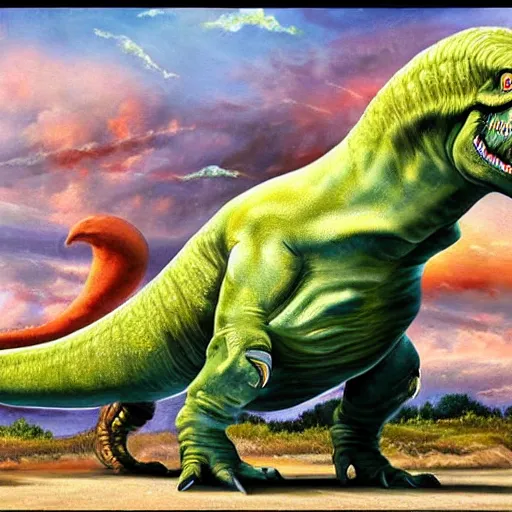 Prompt: a highly detailed painting of the fearsome human dinosaur hybrid the DonaldTrump-asaurus Rex