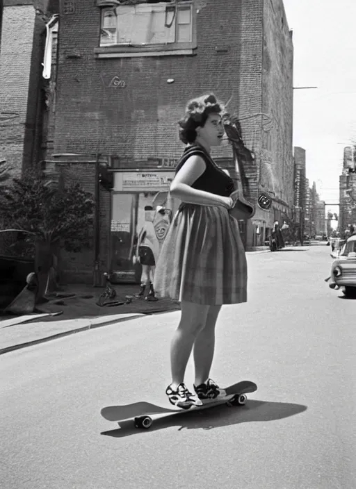 Prompt: 1 9 5 0 s beautiful woman on a skateboard by vivian maier. professional photography. hq