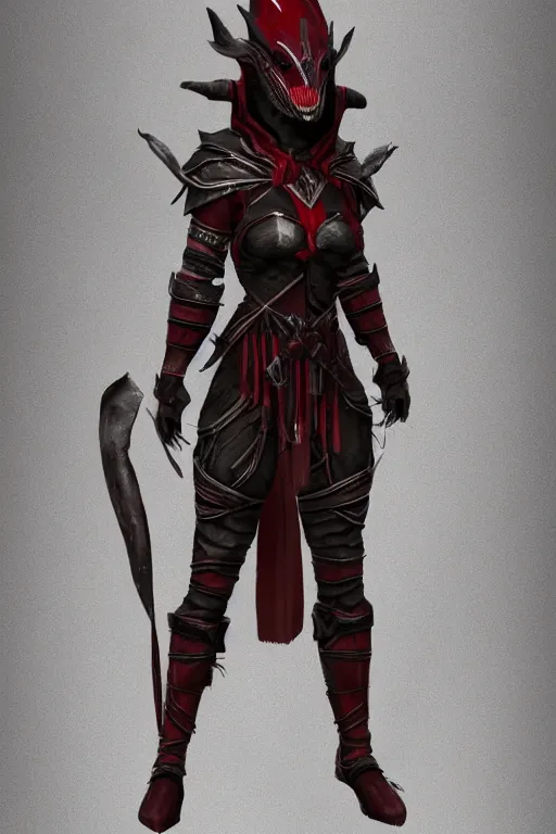 Image similar to female adventurer in tight full - body ebony leather armor of dunmer design with dark red cloth underneath and with a red porcelain crow mask, trending in artstation, establishing shot