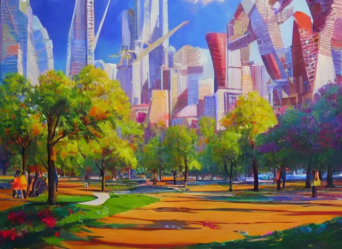 Image similar to bright beautiful oil painting of a futuristic city park by Tatyana Yablonskaya