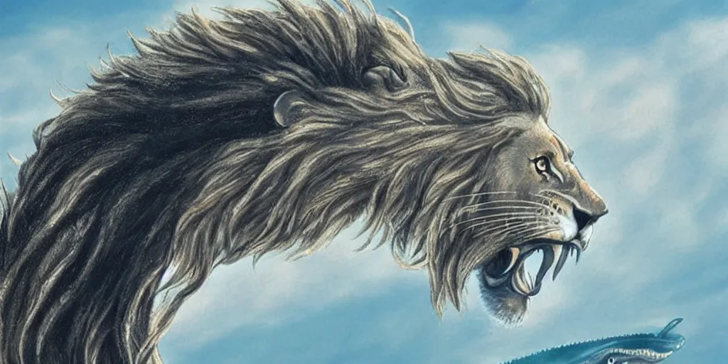 Image similar to close up of a lion hybrid with whale, spirited away