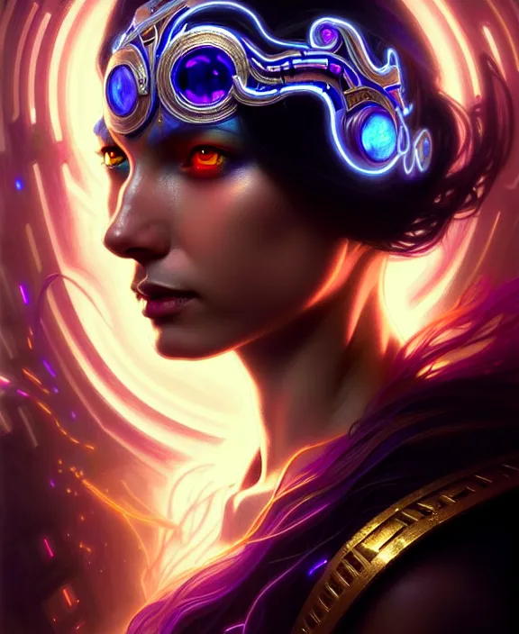 Image similar to a whirlwind of souls rushing inside the metaverse, half body, glowin eyes, tiara with sapphire, pharaoh, android, cyberpunk, d & d, fantasy, intricate, elegant, highly detailed, colorful, vivid color, digital painting, artstation, concept art, art by artgerm and greg rutkowski and alphonse mucha and ruan jia