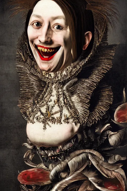 Prompt: Detailed maximalist portrait with large lips and with large eyes, huge smile, teeth, exasperated expression, HD mixed media, 3D collage, highly detailed and intricate illustration in the style of Caravaggio, dark art, baroque