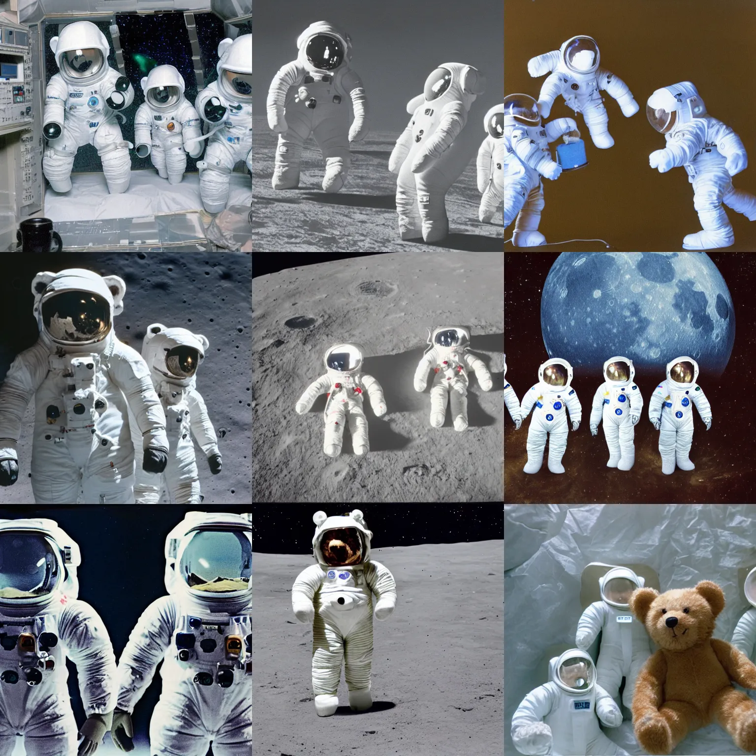 Prompt: a high quality photograph of teddy bears wearing translucent space suits working on new ai research on the moon in the 1 9 8 0 s. detailed and clean