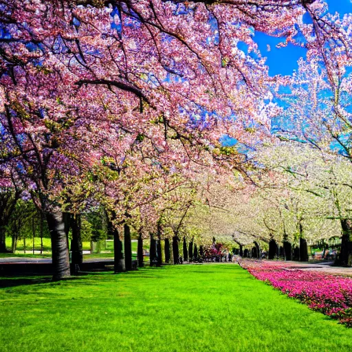 Image similar to a landscape of spring in the big city, trees are filled with color with flowers and plantlife blooming with vigor and grace