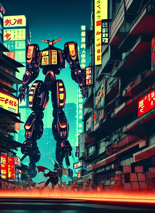 Image similar to market in japan, cyberpunk style, giant mecha - warrior in battle pose in center of field on first plan, bright neon signs, larry elmore, octane render, 3 d render, hard surface, masterpiece, trending on artstation, featured on pixiv, cinematic composition, hyper - detailed, hd, hdr, 4 k, 8 k