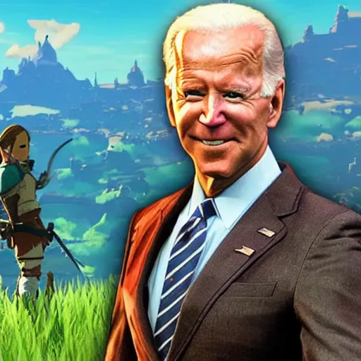 Prompt: screen shot of joe biden starring in zelda:breath of the wild ( video game )