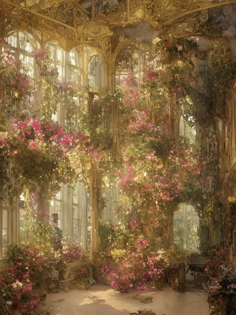 Image similar to a beautifull intricate watercolour painting of a victorian room with many flowers, reflexions, verry high details by william turner art, greg rutkowski and alphonse mucha, trending on artstation, very very detailed, masterpiece, golden hour lighting, wide lens,
