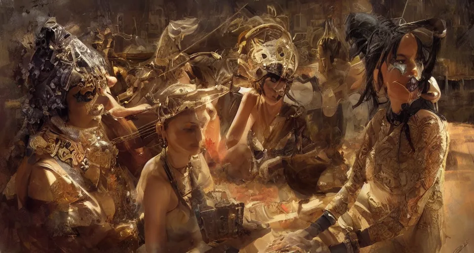 Image similar to craig mullins and ghibli digital art of theater, stage, masked female violinists, exotic costumes, gold jewelry, black hair, solo performance unreal engine, hyper realism, realistic shading, cinematic composition, realistic render, octane render, detailed textures, photorealistic, wide shot