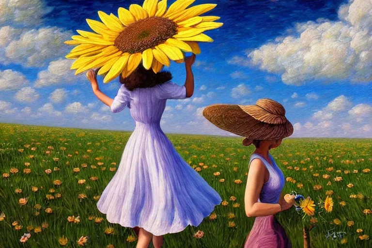 Prompt: giant daisy flower head, woman walking, surreal, clouds in sky, impressionist painting, digital painting, artstation, rob gonsalves