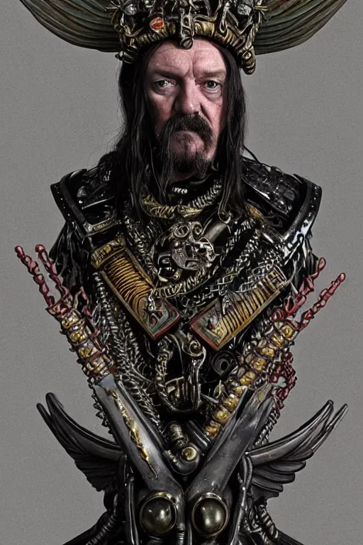 Image similar to a dramatic full-color art nouveau and ironpunk styled bust portrait of lemmy kilmister as a godlike and stoic alien king, with strong judging eyes, extremely detailed, art nouveau cybenetic engraved armor and intricately detailed angel-winged crown of cosmic power, perfectly symmetrical facial structure and framework, handsome yet brutal alien facial features of ancient swarth, by simon bisley, michael kaluta and travis charest, dark sci-fantasy, deeply ornate complexity, male face and bust, human anatomy mixed with cosmic alien and cyborg characteristics, sci-fi character concept, photorealism, art nouveau framing, stunning lighting, hyperrealism, 8k