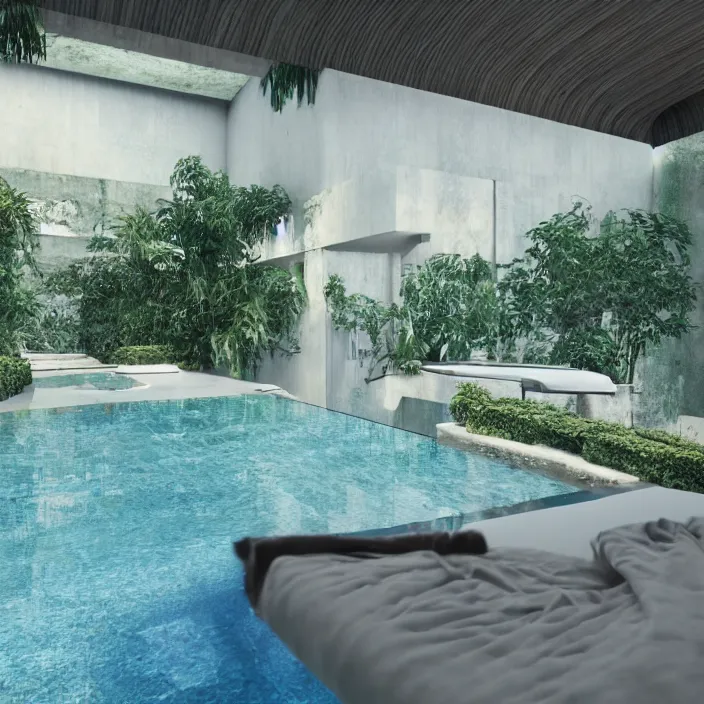 Image similar to a room with a pool in the middle of it, a digital rendering by ricardo bofill, featured on cg society, hypermodernism, vray tracing, rendered in unreal engine, liminal space