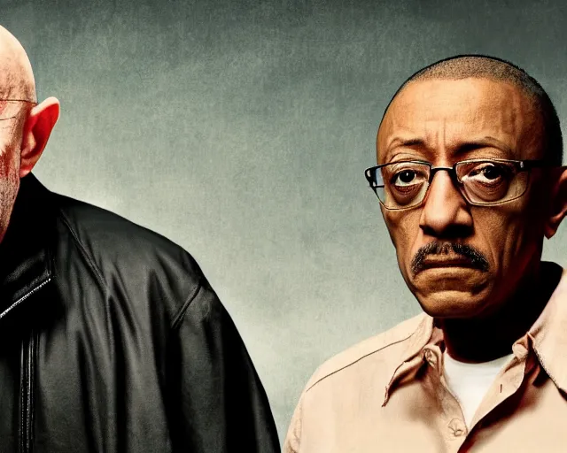 Image similar to jonathan banks as mike ehrmantraut and giancarlo esposito as gustavo fring from breaking bad, cinematic lighting, renaissance portrait, oil painting