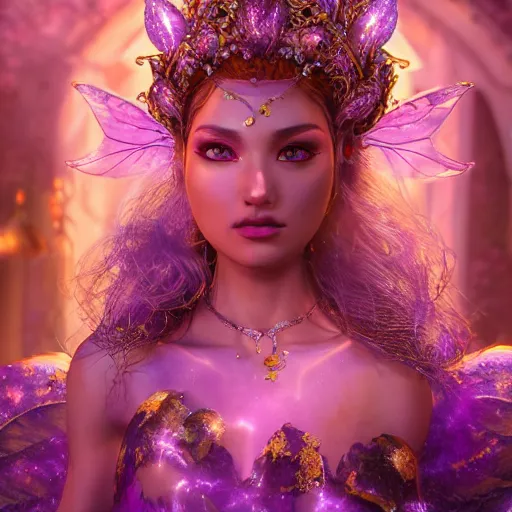 Image similar to portrait princess of amethyst, glowing, ornate and intricate purple jewelry, jaw dropping beauty, glowing background lighting, purple accent lighting, hyper detailed, fairy tale, 4 k octane render