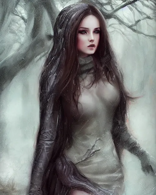 Prompt: a beautiful female, 8 k, hyperrealistic, hyperdetailed, modern clothes full length body, dark fantasy, dark wood, rain, wolves, fantasy portrait by laura sava