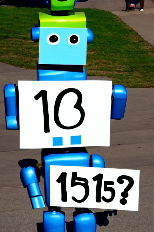 Prompt: cute anthropomorphic robot holding sign saying'1 5 0'