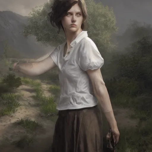 Prompt: a woman wearing a white blouse with short sleeves and hobo gloves, Matte painting , detailed painting, greg rutkowski