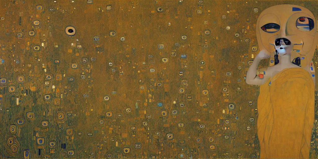 Image similar to a painting of giant buddahs eyes floating in the desert by gustav klimt