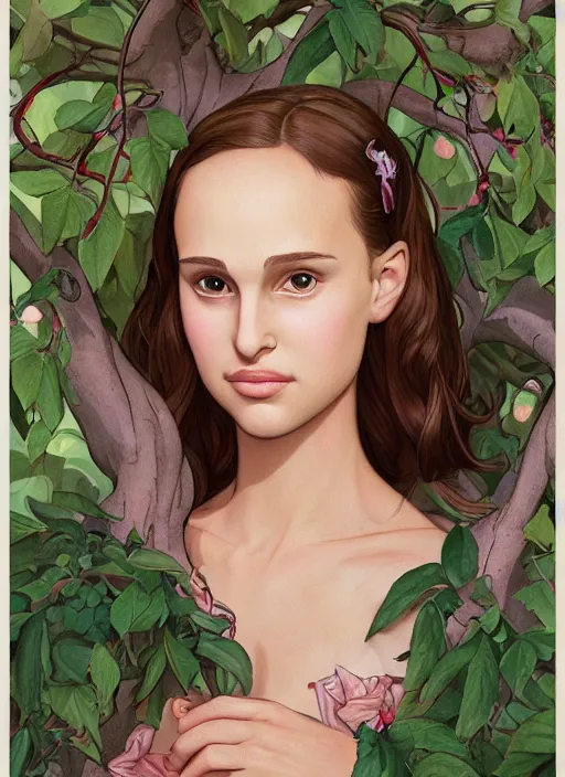 Prompt: well - lit art nouveau portrait of a 1 3 - year old girl wih resembles natalie portman and emily browning looking distressed under an apple tree, natural lighting, path traced, highly detailed, high quality, cartoon, digital painting, by don bluth and ross tran and studio ghibli
