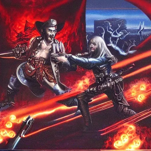 Image similar to high fantasy 1 9 8 0's wargame airbrushed artwork, an american senator overcome by dark mysterious energy, red glowing evil possessed eyes, waving a chrome revolver