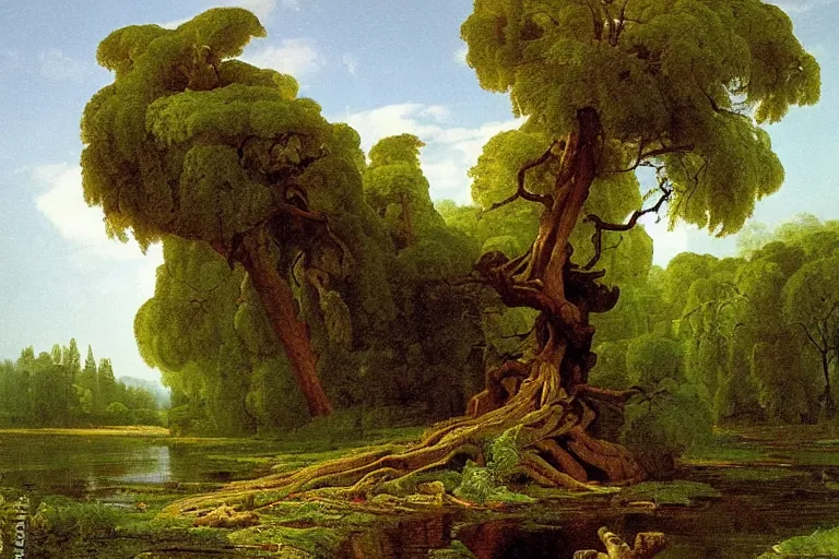 Image similar to painting of a old tree next to a meandering river by alexei savrasov and thomas cole