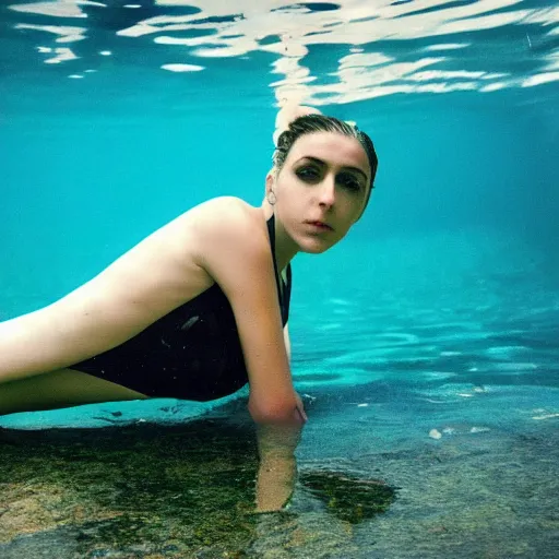 Image similar to young polly jean harvey wearing a swimsuit, swimming underwater, underwater photography, attractive curves, beautiful face, whole body photography, 4 k cinematic photo, hyperrealistic.