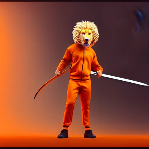 Image similar to commission of a fit male anthro albino lion holding a sword wearing an orange tracksuit,SFW,artstation,deviantart, science fiction industrial hard science concept art, 8K render octane high definition cgsociety