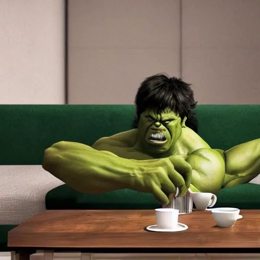 Image similar to A high definition photo of the incredible hulk drinking a cup of coffee on a couch in his living room, hyperdetailed, artstation, digital art, photorealism, accurate, 8k,